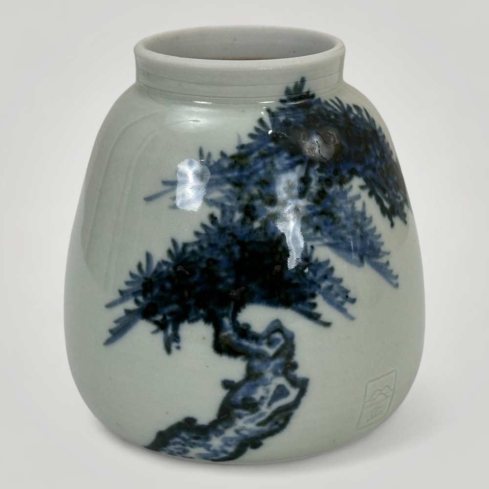 Japanese Art Vase Blue White Pine Tree‎ Porcelain Hand Painted Signed 4.5" Tall